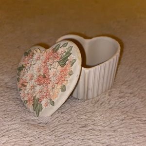 Heart Shaped Bisque Trinket Box w/ Handmade Floral Appliqué